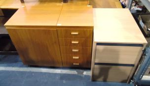 Modern two-drawer filing cabinet and a Singer sewing machine in bespoke fitted cabinet with foldout