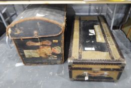 Two large vintage travelling trunks and a leather domed lidded travel trunk with various shipping