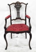 Edwardian mahogany open elbow chair with pierced splat and upholstered arms and seat