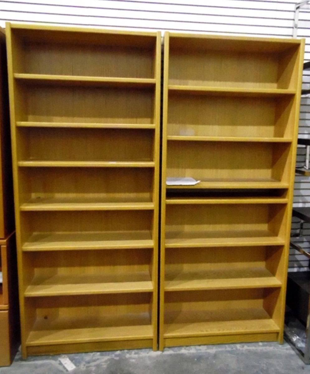 Pair of modern seven-height adjustable open bookshelves,