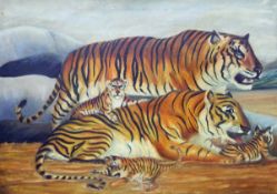 Oil on canvas of fighter planes, a family group of tigers,