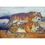 Oil on canvas of fighter planes, a family group of tigers,