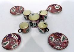 Collection of Gray's pottery pink lustreware with fish and shell black printed design,