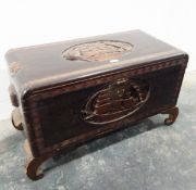 Eastern carved hardwood coffer, circa 1930's with intaglio sailing,