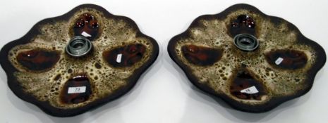 Pair 1960s pottery wall lights, brown glazed, wavy-shaped,