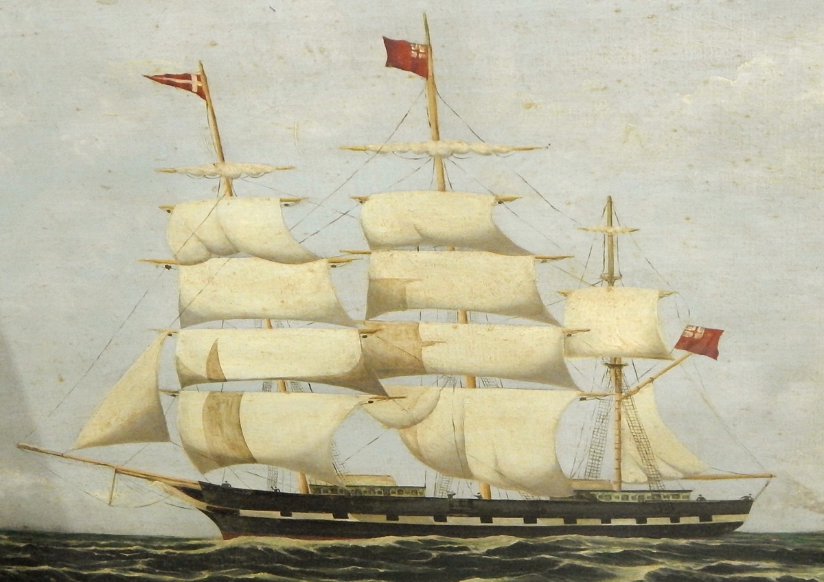 19th century English school Gouache Ship's portrait off coast,