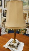 Brass and marble table lamp with reeded column, gilt metal mounted step marble square base,