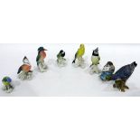 Six bird models by Karl Ens including a kingfisher, a bluetit,