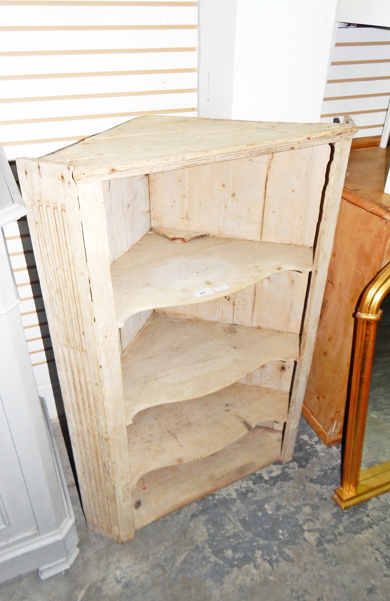 19th century stripped oak corner cupboard with four open-shaped shelves and reeded canted corners