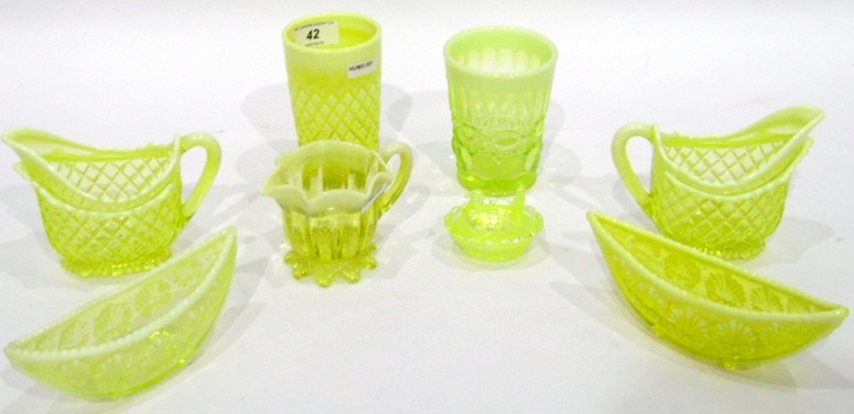 Quantity of Victorian and later pressed uranium glass including a pair of jugs (with damage),