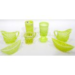 Quantity of Victorian and later pressed uranium glass including a pair of jugs (with damage),