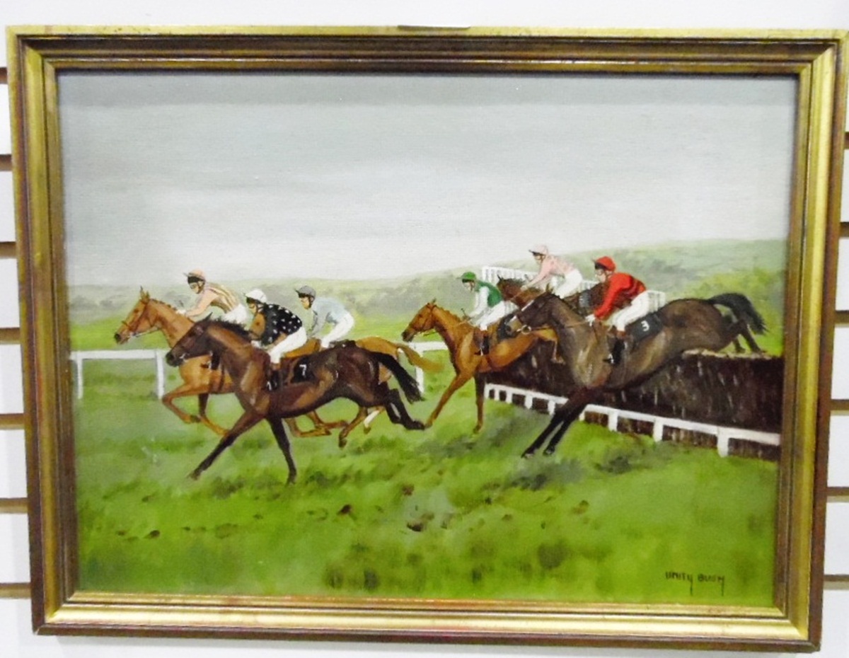 Unity Bush (20th century) Oil on board Racehorses going over a jump,