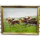 Unity Bush (20th century) Oil on board Racehorses going over a jump,