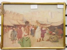 Terrick John Williams (1860-1936) Watercolour North African market scene with fortified walls