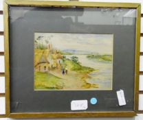 19th century school Watercolour drawing Figures walking along estuary path, initialled 'F.A.