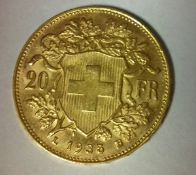 1935 Swiss 20 Frank gold coin, Unc, 6.