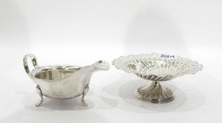 EPNS sauce boat and a silver plated pedestal dish with pierced border and gadrooned pattern to