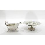 EPNS sauce boat and a silver plated pedestal dish with pierced border and gadrooned pattern to