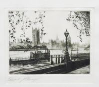 Edward Cheney (1803-1884) Etching Houses of Parliament from an embankment, signed in pencil,