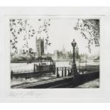 Edward Cheney (1803-1884) Etching Houses of Parliament from an embankment, signed in pencil,