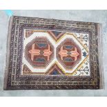 Baluchi wool rug having two octagonal guls, on an ivory field and four geometric borders,
