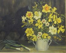 Joan M Jones Oil on canvas Still life study of daffodils and leeks,