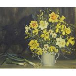 Joan M Jones Oil on canvas Still life study of daffodils and leeks,