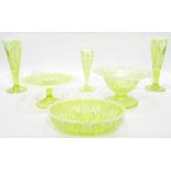 Collection of green pressed glass items with opalescent rims,