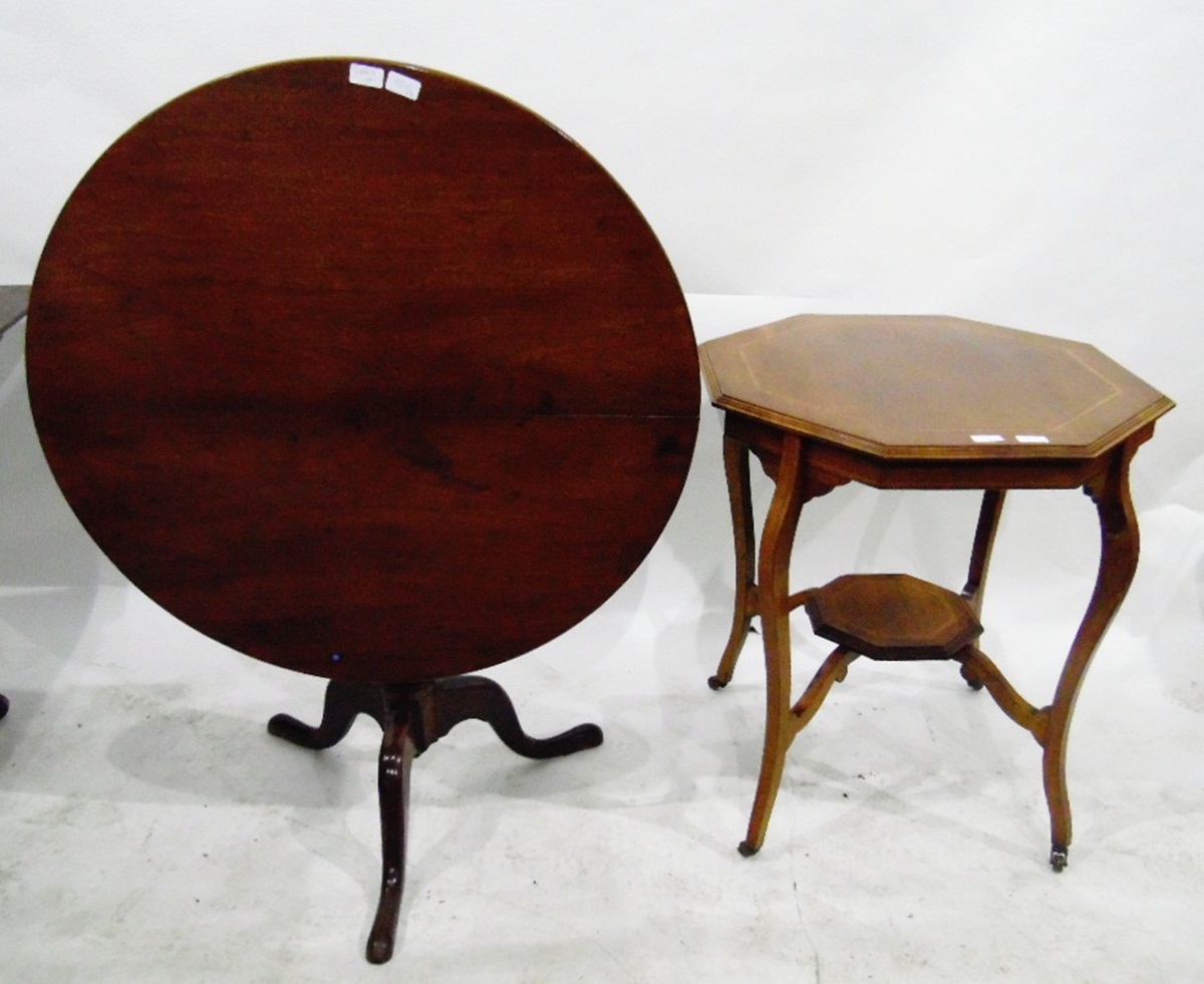 19th century mahogany tilt-top tripod table with circular top and an Edwardian mahogany two-tier