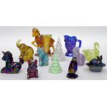 Quantity of carnival glass ornaments including a Boyd carnival glass model of a unicorn and others