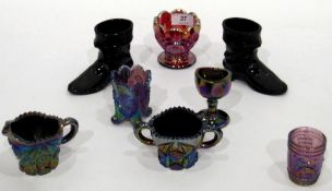 Collection of carnival glass and other items including a pair of black pressed glass models of