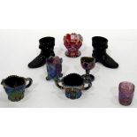 Collection of carnival glass and other items including a pair of black pressed glass models of