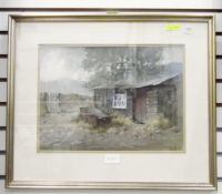 Gerald Gadd (20th century school) Watercolour Old outbuilding with wheelbarrow,