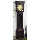 20th century oak longcase clock with brass dial, pair spirally turned uprights to the hood,