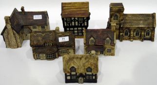 Collection of child's Wickham pottery tinted bisque models of cottages and church (6)