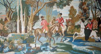 Large framed tapestry showing hunting folk,