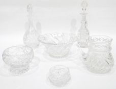 Cut glass fruit bowl, two cut glass decanters,