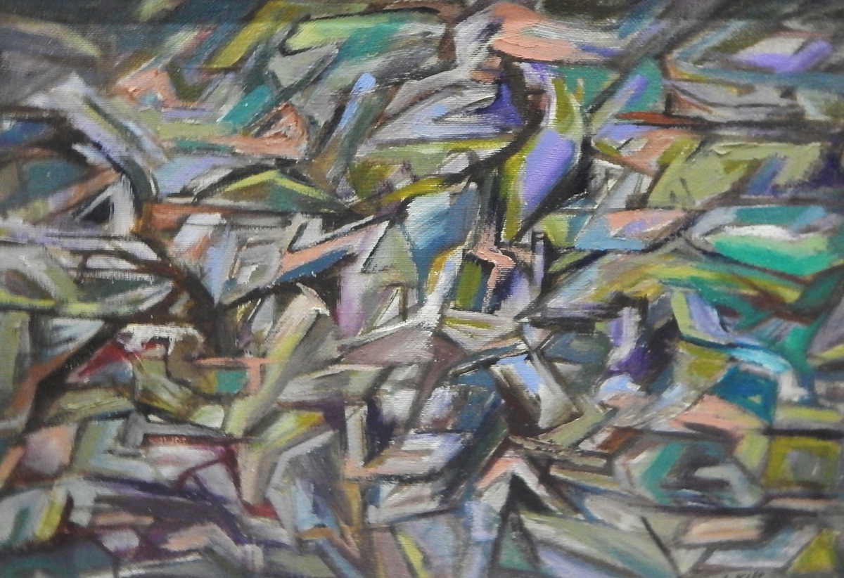 J Klat (20th century) Oil on canvas "Vibrace Mesta", abstract scene,