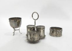 Silver condiment set in the form of three drums, inscribed 'RHB' to the lid of the mustard,