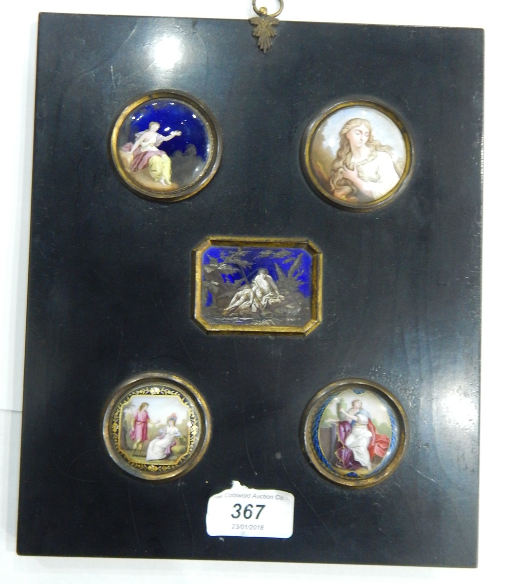 Five late 18th/early 19th century enamel plaques (framed as one), in an ebonised black frame,