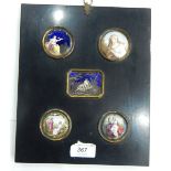 Five late 18th/early 19th century enamel plaques (framed as one), in an ebonised black frame,