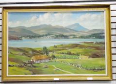 William Russell Oil on canvas board "Portree Bay, Old Man of Storr",