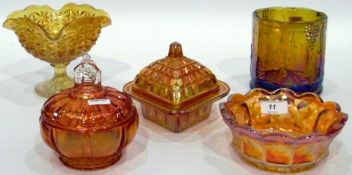 Large quantity of carnival glass including a marigold carnival glass butter dish and cover,