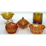 Large quantity of carnival glass including a marigold carnival glass butter dish and cover,