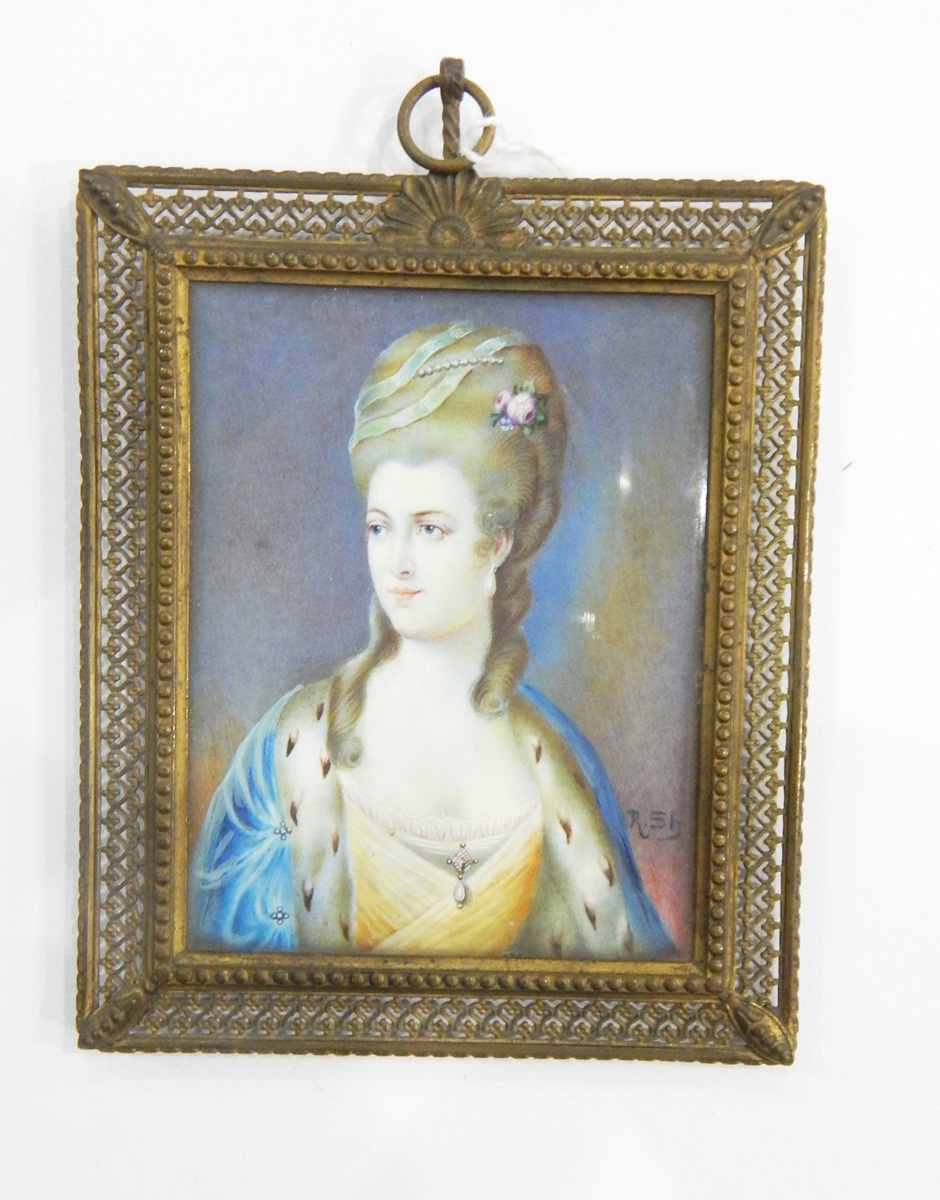 Early 20th century miniature on ivory of a lady in 18th century costume, with ermine and blue cape,