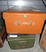 Large square leather covered tin vintage trunk and a vintage tin trunk (2)