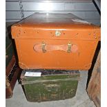 Large square leather covered tin vintage trunk and a vintage tin trunk (2)