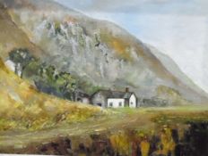 P R (20th century school) Oil on board Cottage in hilly landscape, initialled lower right,