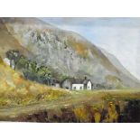 P R (20th century school) Oil on board Cottage in hilly landscape, initialled lower right,