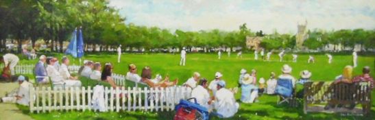 John Haskins (20th century school) Oil on canvas View from the boundary, cricket on village green,